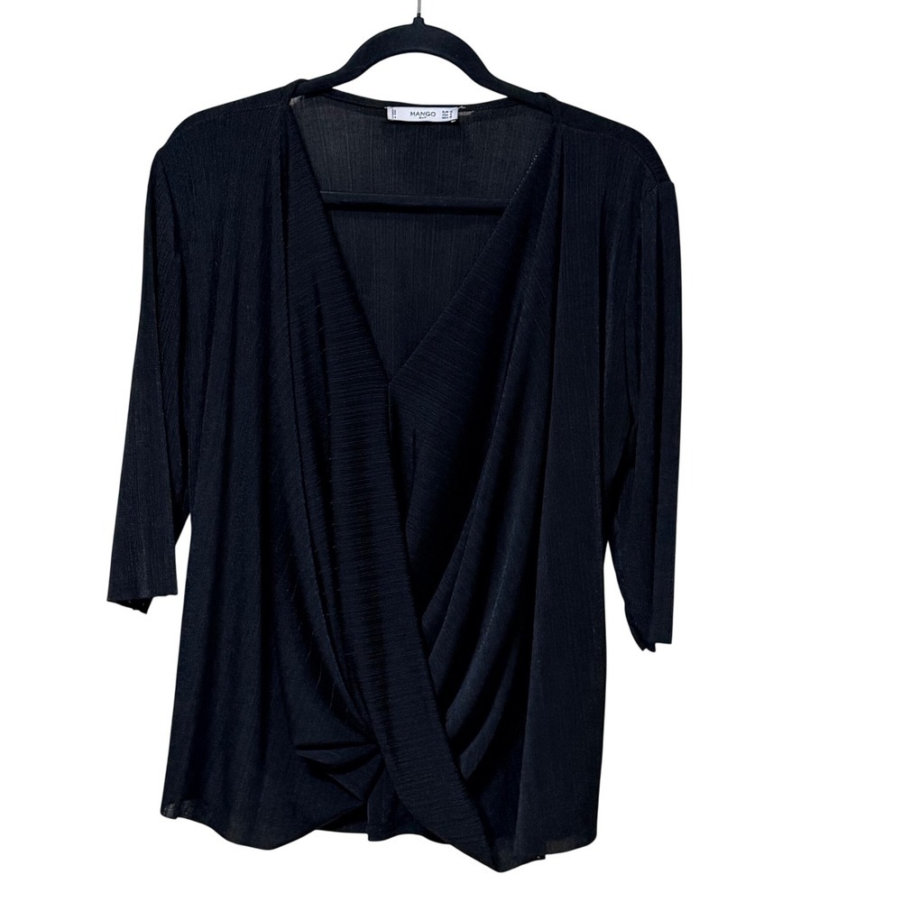 Mango Suit Womens Black Wrap Front V-Neck 3/4 Sleeve Textured Blouse Size Small